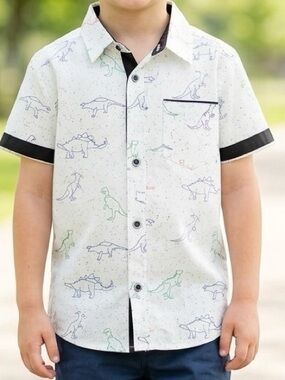 CRAFT + FLOW Boys Dinosaur Print Button-Up Shirt Short Sleeve Pocket Size 5M